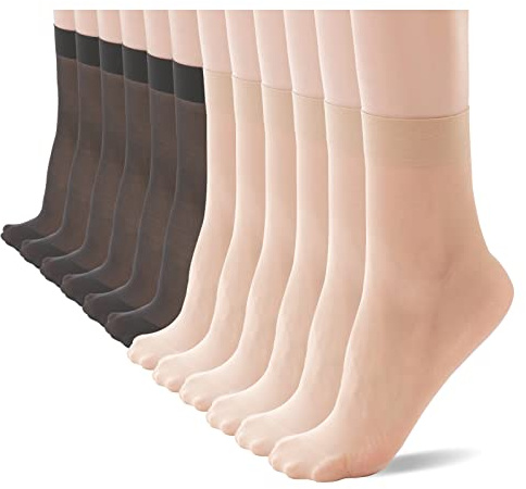YAGAXI Dam vardagliga genomskinliga ankelstrumpor i nylon – 12-pack 20D förstärkt tå med bekväma topp strumpbyxor, 6 x hudfärg + 6 x svart, one size