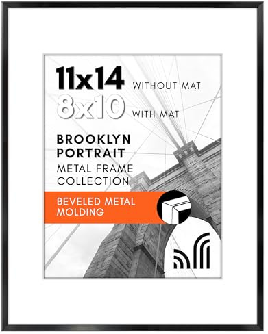 Americanflat 11x14 Metal Picture Frame with Tempered Glass - Use as 8x10 Frame with Mat or Display 11x14 Photo Without Mat - Brooklyn Collection - Picture Frames for Wall Display - Black