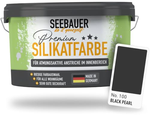 SEEBAUER diy Silikatfarbe Schwarz 2,5L für Innen (No. 100 Black Pearl) Atmungsaktive Mineralfarbe für Allergiker - Abwaschbare Wandfarbe - Schwarztöne hohe Deckkraft