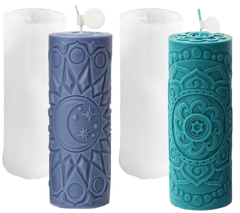 XHYASD Kerzenformen zum Gießen, 2 Stück Silikonform Zylinder Kerzenform mit Blumen- & Mondmuster, DIY Silikon Gießformen für Kerzen, Seife, Harz, Handwerk