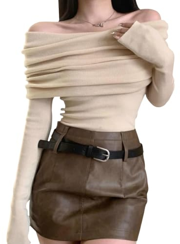 Gkaopi Maglietta a Manica Lunga Donna Scollo a V Sexy Maglia Spalle Scoperte Magliette Tunica Top Basic Top Leggero Autunno Inverno Casual T-Shirt