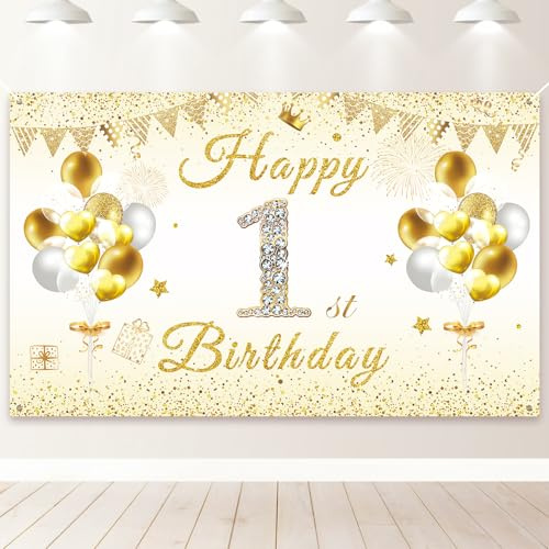 PartyYaa Bandera de 1.º Cumpleaños, Banner de Decoración Extra Grande para el 1.º Cumpleaños, Cartel de Fotomatón de Happy Birthday, Fondo de Banner para Fotos, Decoración de Fiesta para Niñas y Niños