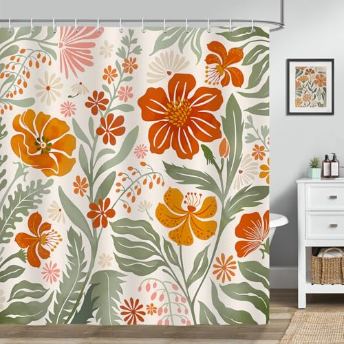 Bonhause retro blommfärgat duschdraperi, 180 x 180 cm, vattentätt mögel- och mögelbeständigt polyestertyg, 12 krokar