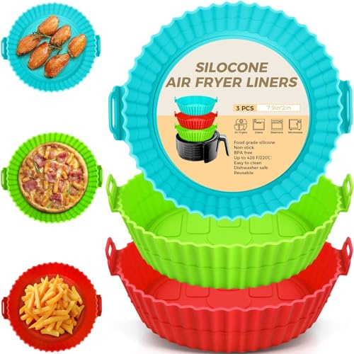 3 Pack Silicone Air Fryer Liners, 20 cm Reusable Food-Grade Silicone Air Fryer Pots, Heat-Resistant Baking Basket Accessories, Safe Alternative to Disposable Parchment Paper