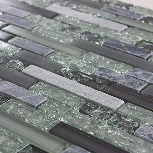 Luxury Textured Grey, Khaki Crackled Glass & Stone Mosaic Wall Tile Sheet 8mm