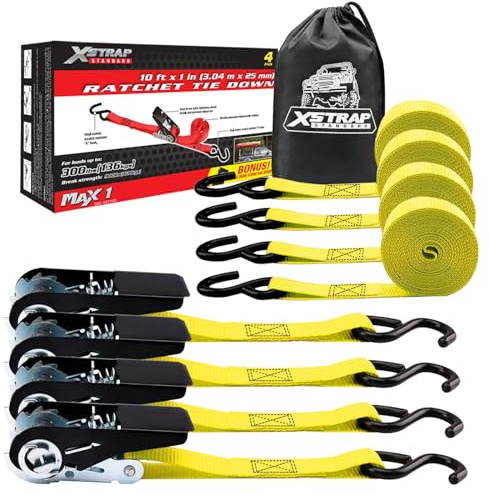 XSTRAP STANDARD Ratchet Tie Down Straps 4 Pk 10 Ft- 300 Lbs Load Cap- 900 Lbs Break Strength-Cargo Straps for UTV, ATV, Pickup,Truck, Moving Appliances, Lawn Equipment, Yellow