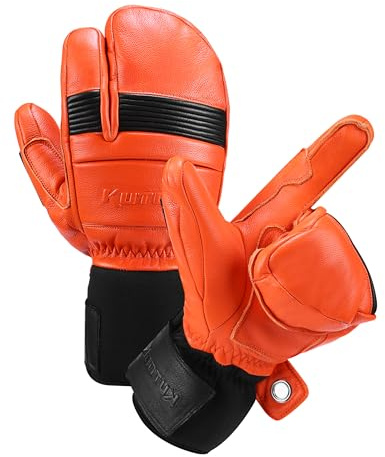 KUTOOK Guantes Manoplas Esquí De Piel Cuero 3M Thinsulate Guantes Snowboard Cálidos Hombre Mujer con Membrana Impermeable Guantes Nieve Invierno Guantes Ski(Naranja-S)