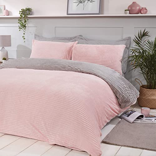 Sleepdown Ribbed Sparkle Glitter Fleece Blush Pink Reversible Soft Duvet Cover Quilt Bedding Set With Pillowcases - Super King (220cm x 260cm)