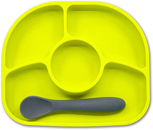 Bblüv B0145L - Yumï - Assiette en silicone hypoallergénique et anti-bactéries, Antidérapante, 4 compartiments + Cuillère en silicone flexible - Lime, Unisexe