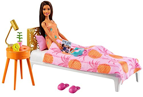 Barbie GRG86 - Schlafzimmer-Spielset und Barbie-Puppe (ca. 30 cm, brünett), Möbel-Spielset mit Puppe in Pyjamas und Zubehör, Geschenk für Kinder von 3 bis 7 Jahren