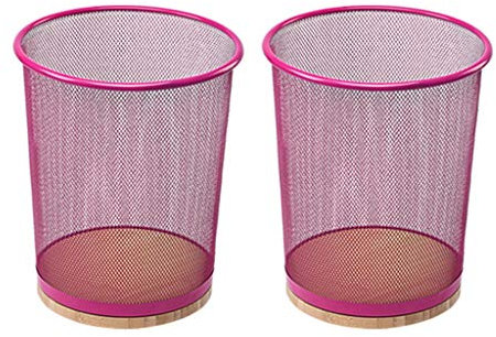 Papelera creativa de malla de alambre de hierro para sala de estar, cocina, baño, basura, oficina, fondo de bambú grueso (color: rosa)