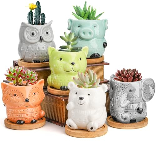 Frcctre 6 Pack Succulent Planter Pots, Small Ceramic Succulent Pots with Drainage and Bamboo Tray, Cute Animal Planting Pot Flower Pot Indoor Plant Pot for Succulent, Cactus, Garden, Home Decor