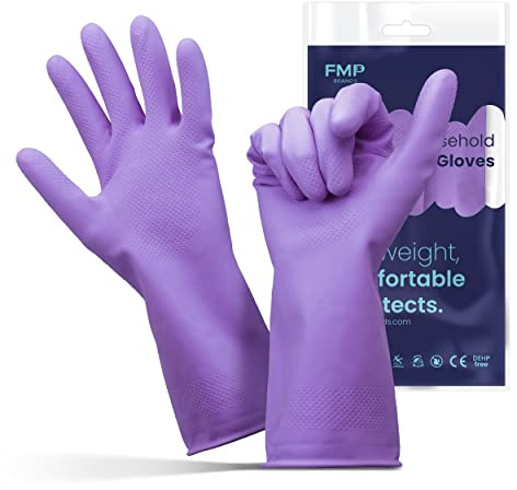 FMP Brands Cleaning Gloves - 12 Pairs Non-Slip, Waterproof Reusable Latex Dish Gloves for Kitchen, Bathroom, Household, Gardening (Medium, Purple)