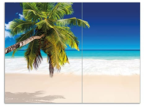 Wallario Herdabdeckplatte/Spritzschutz aus Glas, 2-teilig, 70x52cm, für Ceran- und Induktionsherde, Motiv Südseestrand in der Karibik mit Palme