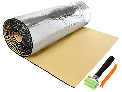 sourcing map 0.6㎡ 10mm Tapis d'isolant Phonique Voiture Porte Isolation Thermique Capot Moteur Coffre 100x60cm avec Outil Démontage Rouleau