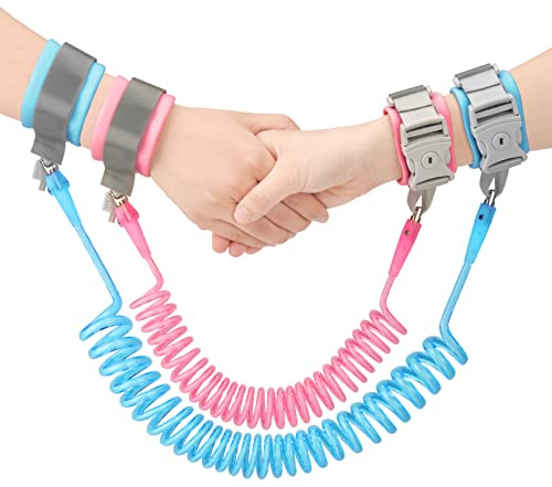 Wrist Reins for Toddlers Boys and Girls, Anyfirst 2.5M Anti Lost Wrist Link, 360°Rotate Toddler Wrist Strap with Elastic Wire Rope and Security Lock for Children Walking, Pink+Blue