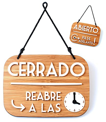 Cartel Abierto Cerrado Vuelvo enseguida con Ventosa - Horario comercial modificable con dial y manecillas (Madera de Bambú, Español)