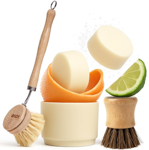 Vove Washing Up Soap Bundle, 2 Bars, 2 Scrub Brushes and 1 Ceramic Cup | Coastal Citrus Mint with mandarin, spearmint, cypress and bergamot oils, plant-based coconut soap, FSC bamboo