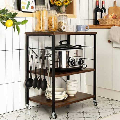 COSTWAY Baker's Rack, 3-Tier Kitchen Storage Cart with Adjustable Shelves, Lockable Wheels & 5/10 Hooks, Rolling Utility Trolley for Living Room Kitchen Office (2 Adjustable Shelves, Rustic Brown)