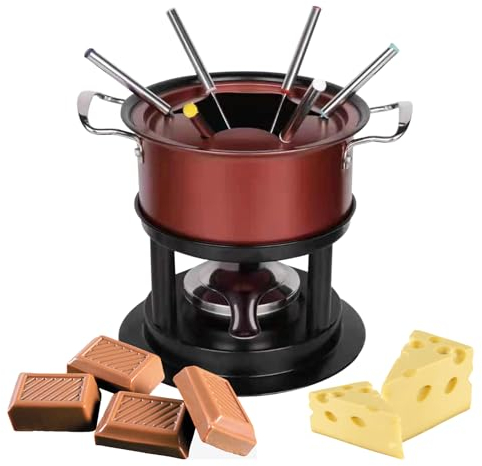 Service à fondue pour fromage ou chocolat, rouge, en acier inoxydable, capacité de 180 mm, casserole sur trépied avec base de 22 cm, 6 fourchettes incluses