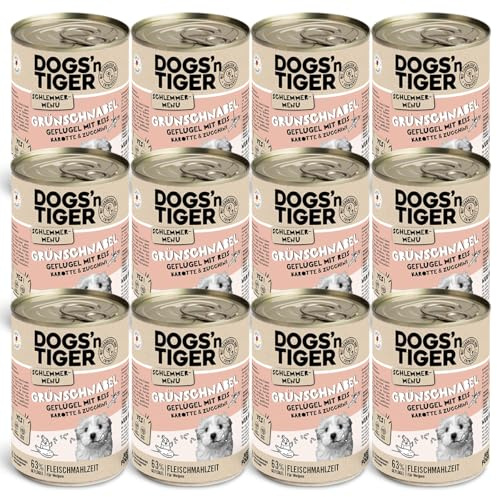 Dogs'n Tiger Grünschnabel Nassfutter Hund, Huhn, Reis & Gemüse, 12x 400g | Hundefutter nass, Junior, Welpen, hoher Fleischanteil, getreidefrei, ohne Zuckerzusatz, ohne Konservierungsstoffe