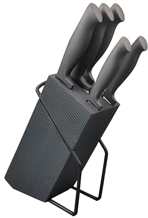 Pradel Excellence - Bloc de 5 Couteaux de Cuisine - Lames Acier Inoxydable - Manches Soft Touch - Bloc Design Gris - Ensemble Polyvalent pour Trancher et Découper