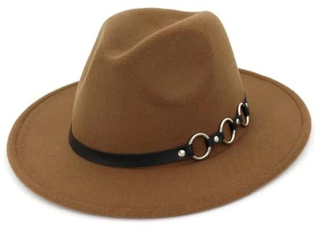 FULUJIDI Fedora Trilby Filzhut Hut Einfarbig Männer Frauen Filz Fedora Trilby Hut Mit Metallring Gürtel Flat Brim Jazz Party Filz Mütze Panama Sonnenhut 55 To58 cm Khaki
