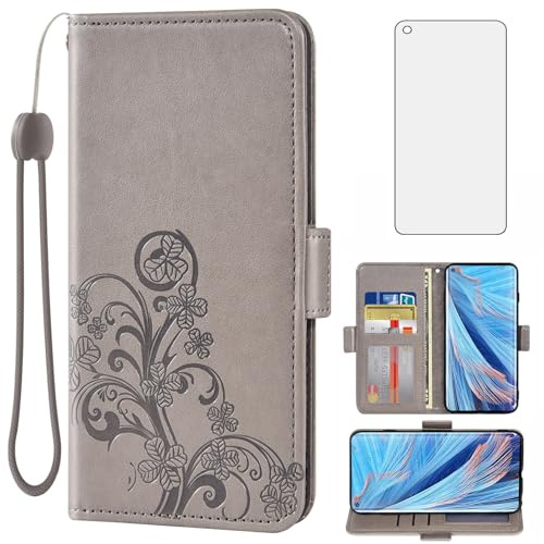 Asuwish Compatible with OPPO Find X2 Neo/Reno3 Pro 5G Wallet Case and Tempered Glass Screen Protector Flip Purse Wrist Strap Credit Card Holder Stand Cell Phone Cover for FindX2Neo Women Men Grey