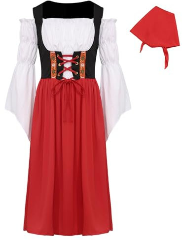 Alvivi Mädchen Mittelalter Kleid Viktorianischen Renaissance Kleid mit Dreieck Kopftuch Oktoberfest Kleid Bayerisches Trachtenkleid Rot 164-170