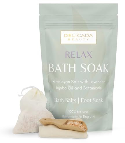 Bath Salts | Foot Soak | Himalayan Salts with Lavender and Jojoba Essential Oils | Treat Aches | Muscle Recovery | Tired Feet | Nail Care | Cotton Bag & Wooden Scoop | (500g) (Relax)
