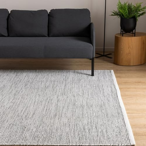 Interiyou handgewebter Baumwollteppich Riga - 60x120 cm Beige/Schwarz - Handwebteppich für Wohnzimmer, Schlafzimmer - 100% Handarbeit Naturfaser Teppich Flachgewebe