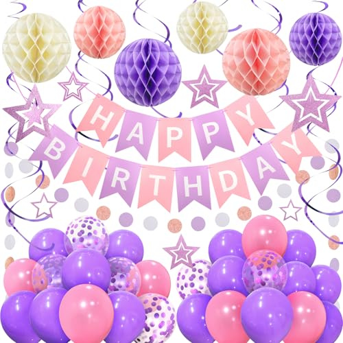 ZERODECO Geburtstagsdekorationen, einfach zu montierenes Lila Happy Birthday-Banner mit Wabenkugel, Ballon, Spiralgirlande, Girlande, Geburtstags deko für Frauen, Mädchen und Kinder