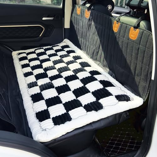 AEEISHOMEREFORM Backseat Pet Bed Mat, Truck Plaid Dog Bed for Car Back Seat, Deluxe Dog Seat Covers, Non-Slip Travel Pet Mat, Fit for Backseat Extenders and Trucks SUVs (Black&White, 24.8x54 inch) | Plaid Flannel, Quilted PP Cotton Filling, Non-Slip Backing, Machine Washable, Fits Backseat Extenders, Trucks & SUVs
