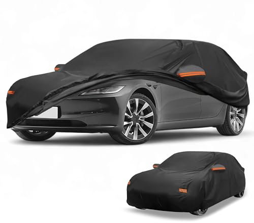 Partuto Funda para Todo Clima Protección Exterior Completa Anti-UV Sol Lluvia para Tesla Model 3 Negro con Franjas Reflectantes