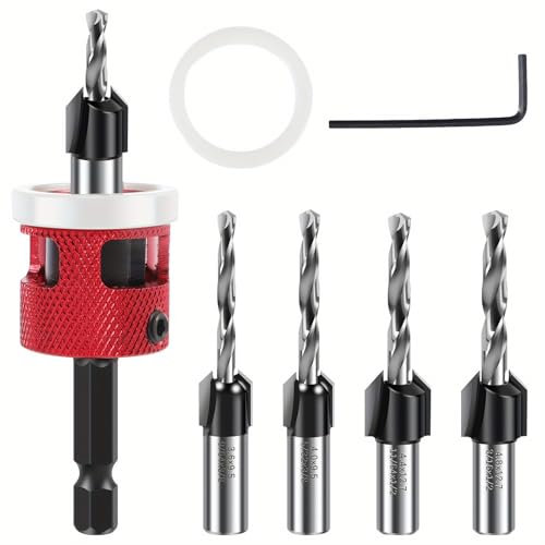 5Pcs Countersink Drill Bit Set with Adjustable Depth Stop, 82° Counter Bore Carbide Tipped Countersink Drill Bits kit with 1/4 Quick Change Hex Shank for Wood, Plastic, Woodworking (Red)