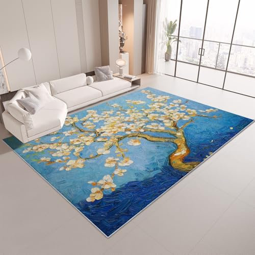 Living Room Area Rug Oil Painting Apricot Tree Floral 140x200 cm Soft Flannel Short Pile Floor Rugs, Washable Non-Slip Carpet, for Bedroom, Hall, Kitchen Decor Rug