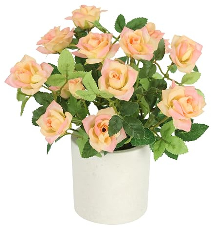 Wildröschen im Topf 32cm Deko Kunstblume Rosen Kunstrosen Wildrosen Kunstpflanze Blumen Künstliche Seidenblume Hochzeitsdeko Blumenstrauß Tischdeko Blumendeko Dekoblume Topfblume Topfpflanze, Peach