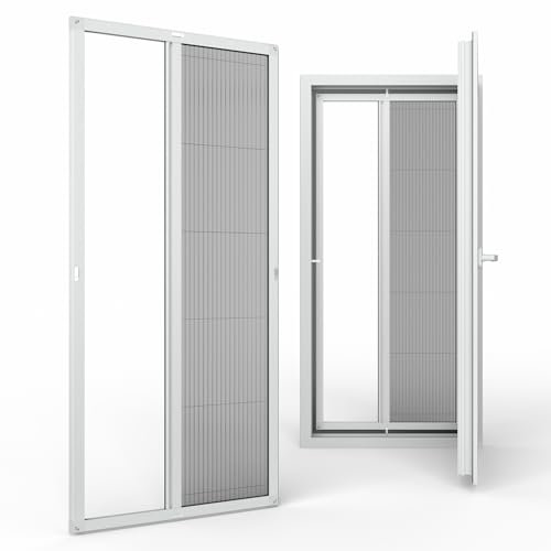 Plissee Fliegengitter Insektenschutztür nach Maß ohne Bohren – Klemmmontage für Balkontür, Schiebetür oder Terrassentür – Aluminium, Fiberglas, Weiß, Grau