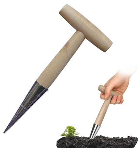 Outil Plantoir à Bulbes,Outil de Perforation de Jardin,Plantoir à Main avec Manche en Bois Solide,Plantoir pour la Plantation avec Graduation et Manche,Idéal pour Plantoir des Légumes et des Fleurs