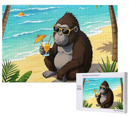 Puzzles for Adults 1000 Pieces, Wooden Jigsaw Puzzles 1000 Pieces, Challenging Puzzle Home Decoration Picture Frame for Family Friends Adults, 29.5x19.7 in, Beach Monkeys Drinks Palm Tree