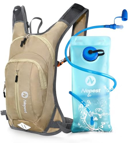 Nepest Trinkrucksack 8L - Fahrradrucksack & Skirucksack mit 2L Trinkblase | Ideal für MTB, Laufen & Skifahren | Verstellbarer Brust & Taillengurt mit Sicherheitspfeife - Khaki