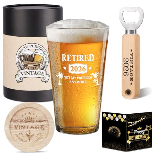 Cadeaux de retraite 2025 pour homme, cadeaux de retraite pour hommes, verre à bière vintage 2025, décapsuleur en bois, boîte cadeau de bière vintage, dessous de verre en bois, carte de vœux et carte