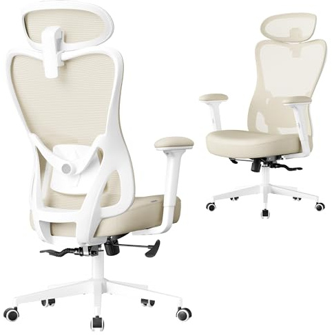 SONGMICS Sedia da Ufficio Ergonomica, Sedia da Scrivania Computer, Poggiatesta e Supporto Lombare Regolabili, Portata Fino a 150 kg, Regolabile in Altezza, Beige Sabbia OBN066LF01
