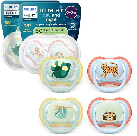 Philips Avent Day et Night Sucettes ultra air - Tétines orthodontiques, pour bébés de 0 à 6 mois, version phosphorescente, tétine en silicone souple d'origine végétale, sans BPA, lot de 4, SCF087/22