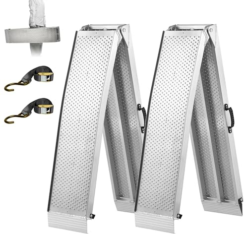 FACHNUO Rampe Pliable en Aluminium Renforcée 228x28cm, Capacité de Charge 680 kg pour Moto, Quad, Camion - Poignée Transportable, Surface Anti-Dérapante, Gain de Place (1 Paire, Argent)