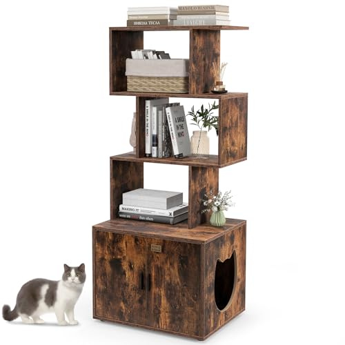 Maxmass Cat Litter Box Enclosure, Wooden Kitty House with Side Entrance & 3-tier Shelves, 2 in 1 Hidden Kitten Washroom Furniture for Indoor Cats