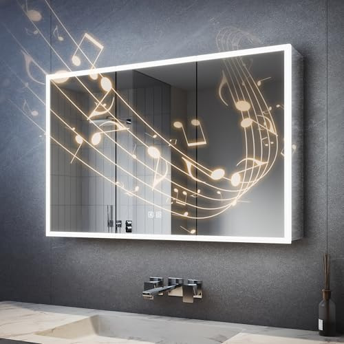 SVNR Spiegelschrank Bad mit Beleuchtung 100x65x13cm 3 Türen Silber | Bluetooth,Antibeschlag,Edelstahl,LED-Beleuchtung,Touch-Schalter,Steckdose,4mm Eco-Spiegel,Hydraulikscharnier,Acrylfront