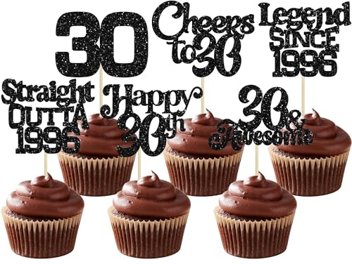 Ephlyn 30Pcs 30th Birthday Cupcake Toppers Glitter Happy Straight Outta 1996 Cupcake Picks for Cheers to 30 Years Wedding Anniversary Party Decoration Supplies Black