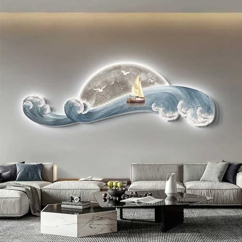 IBOWZ 3D-Segelboot-Wandbild mit LED-Beleuchtung, großes Segelboot-Wanddekor, kunstvolle Kristallporzellan-Verarbeitung, Moderne Maritime Schiffs-Wandskulpturen für Wohnzimmer, Schlafzimmer und Büro