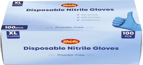 Shefa Blue Nitrile Disposable Gloves XLarge - Multipurpose, Powder Free Disposable Gloves - Box of 100 Gloves, Blue, (100, XL)